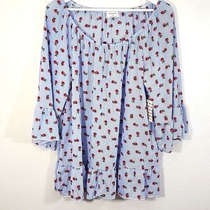 Free Kisses striped plus size 3/4 sleeves red rose print blouse size 2X NWT